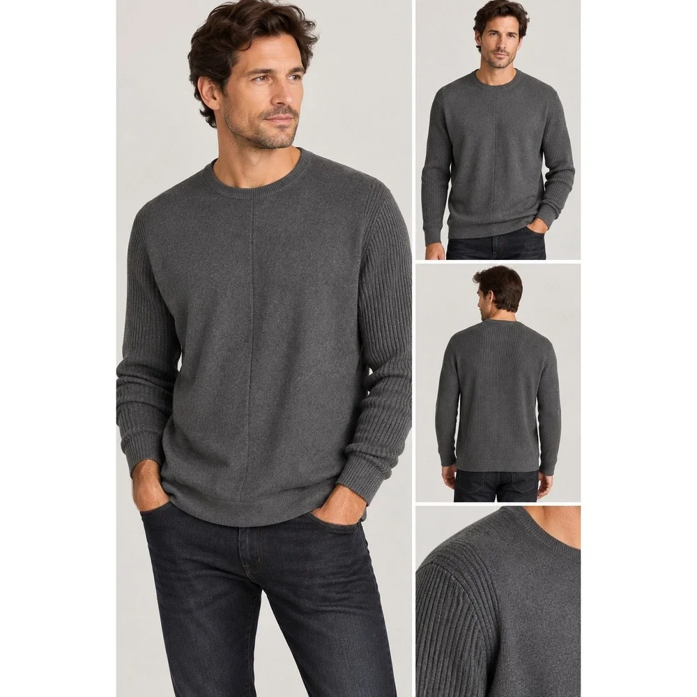 John Varvatos Mens Charcoal Gray Ribbed Mixed Media Wool Sweater Size L Luxury